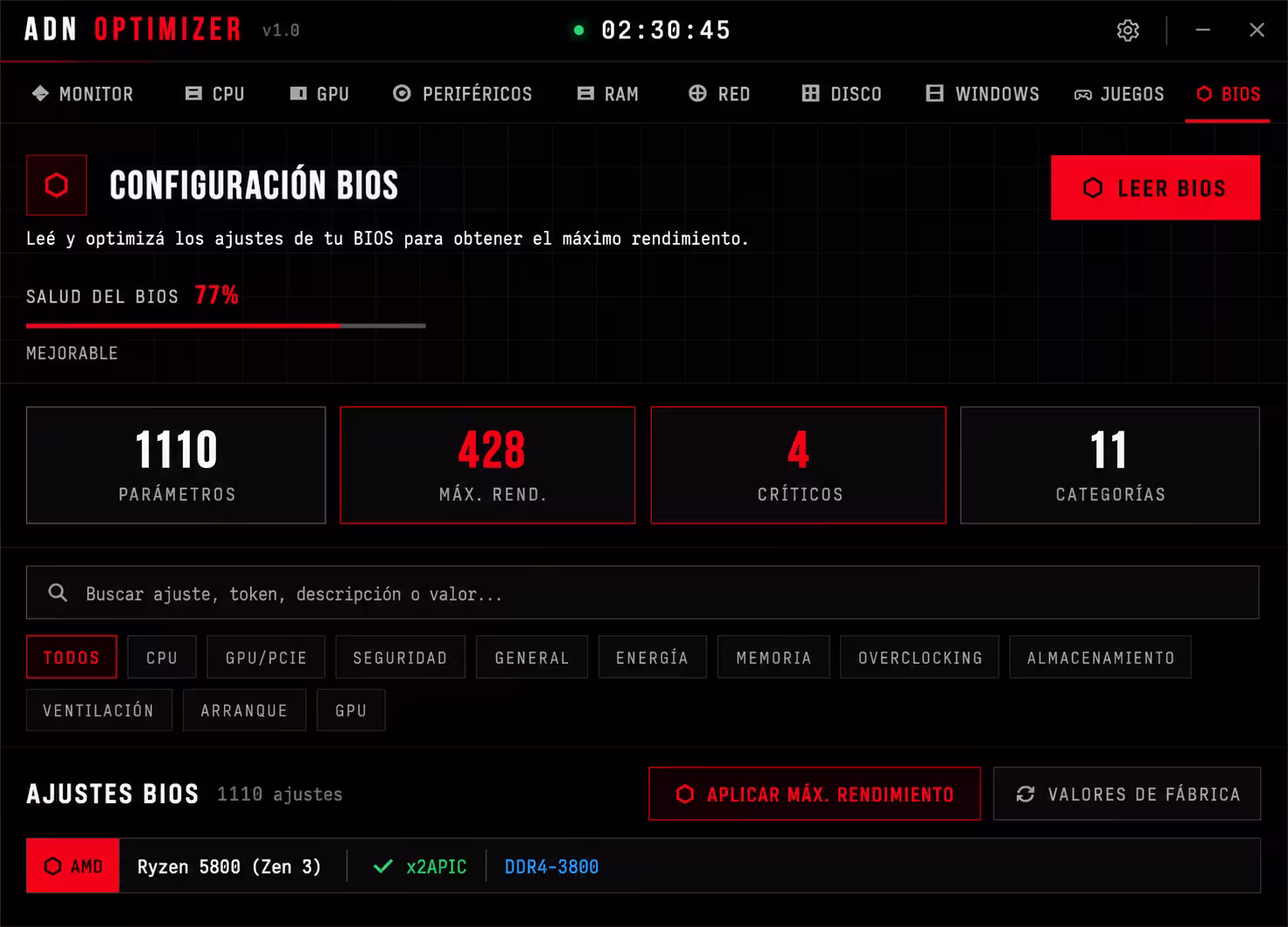 Explorador de BIOS de ADN Optimizer con más de 1000 parámetros