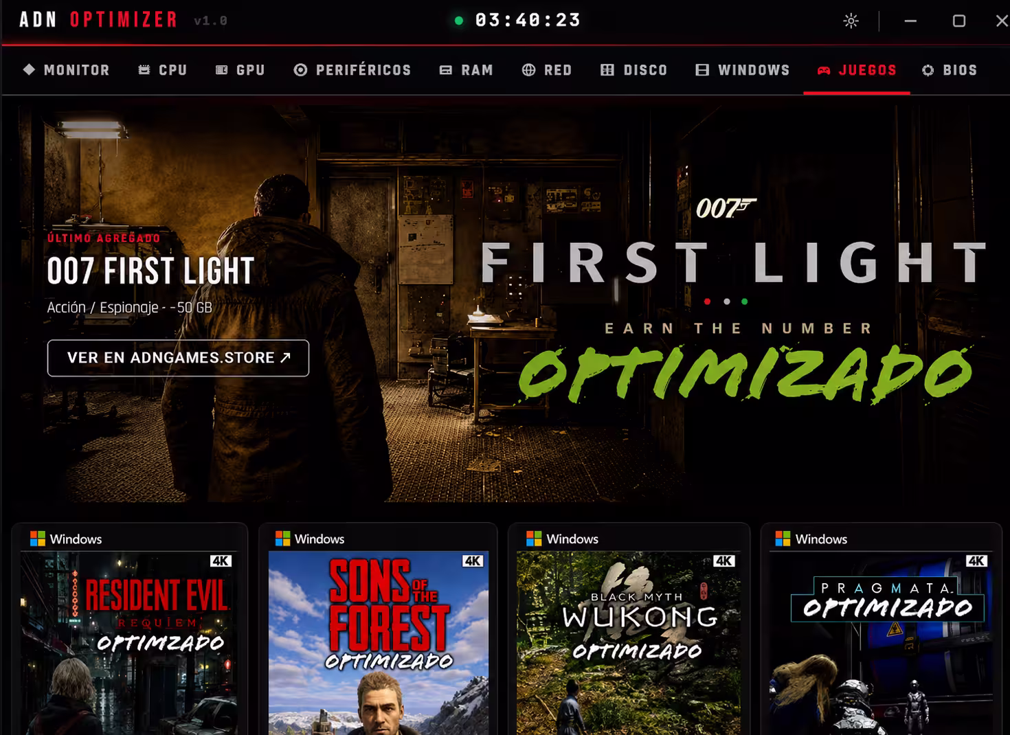 Sección de juegos de ADN Optimizer con catálogo optimizado